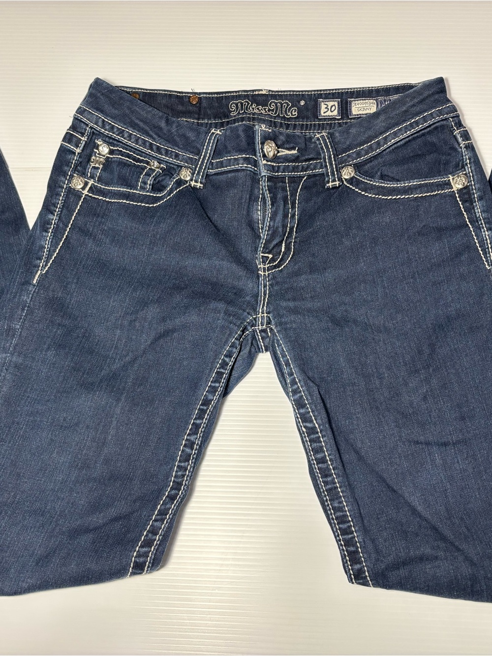 Miss Me Dark Blue Bootcut Jeans with White Contrast Stitching